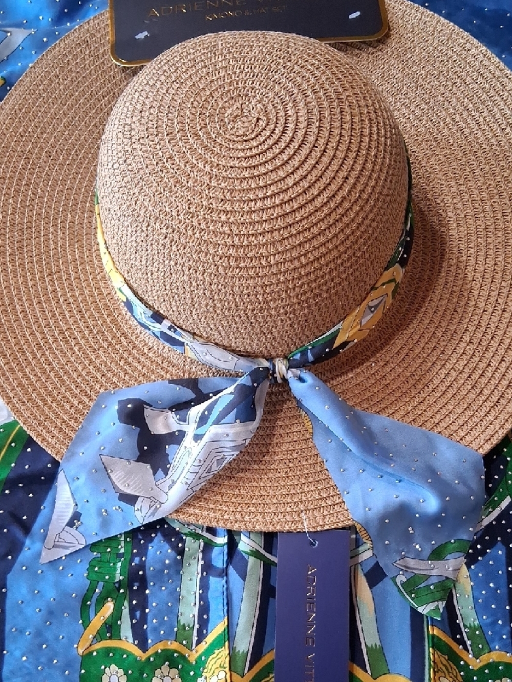 Adrienne Vittadini Blue, Green & Navy Silk Resort Kimono &  Straw Hat Set. NWT. - Picture 7 of 16